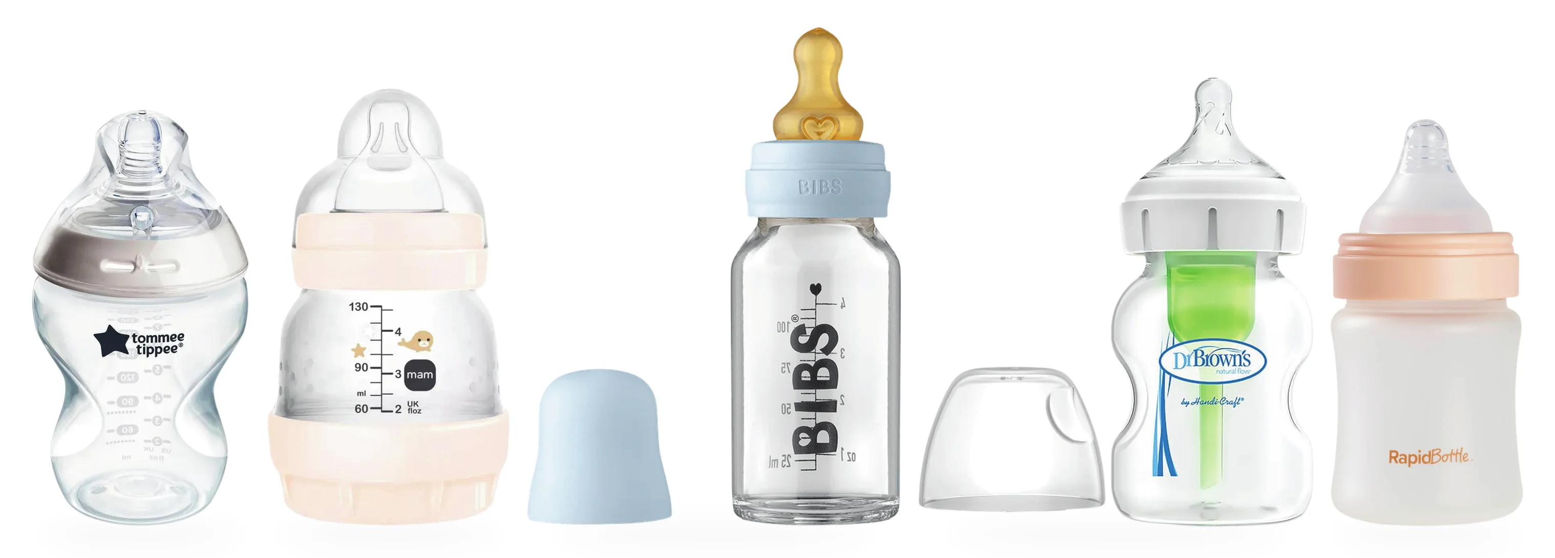 Nuby, MAM, Tommee Tippee, Dr Brown's and BIBS bottles included in the box